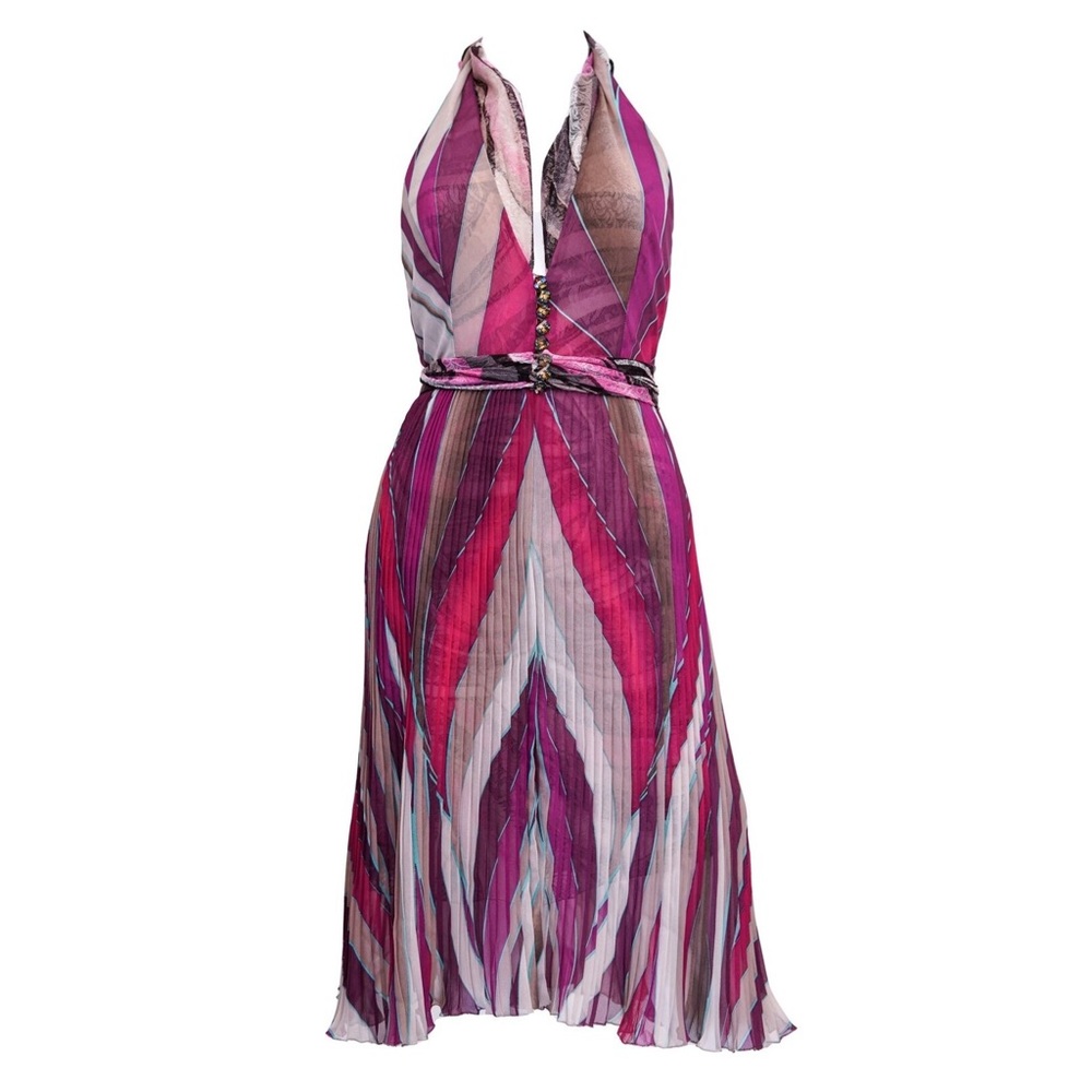 Gianni Versace F/W 2000’s Plunged Geometric Print Open Back Pleated Dress